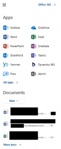 Office 365 updated apps drop down list